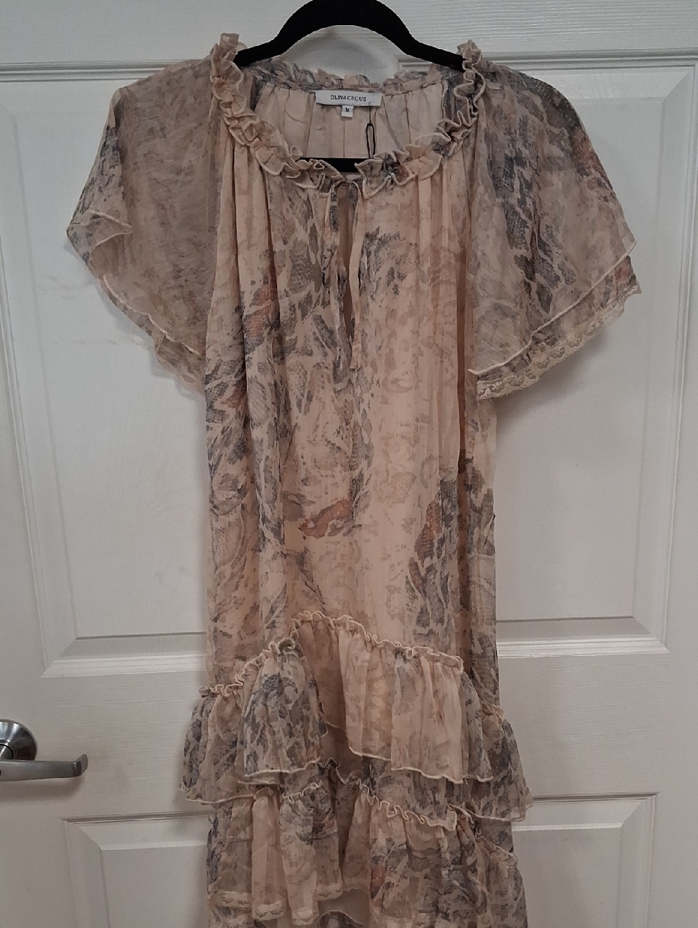 Olivaceous Sheer Beige and Gray Floral Midi Dress